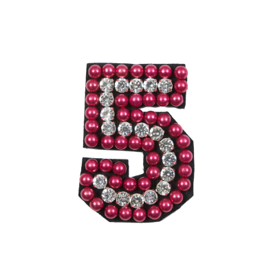 Italian Number 5 Patch with Pink Pearls and Rhinestones- 2.75