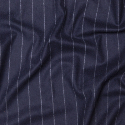 Italian Navy and White Chalk Striped Wool and Cashmere Coating | Mood Fabrics