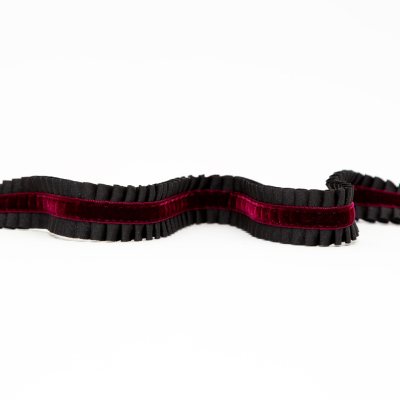 Italian Black and Wine Pleated Grosgrain Ribbon with Velvet Center - 1