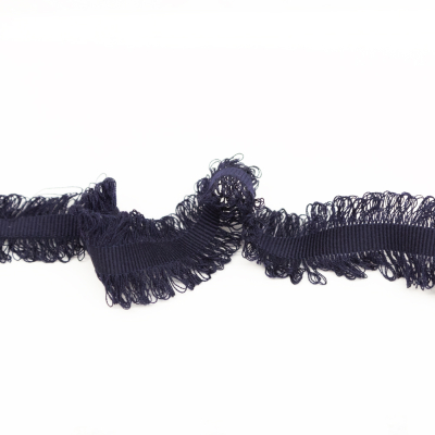Italian Navy Wool Grosgrain Trim with Loop Fringe Edges - 1.5
