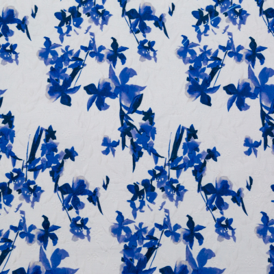 Optic White and China Blue Floral Jacquard | Mood Fabrics