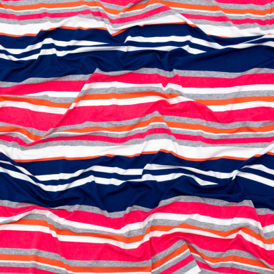 Coral, Navy and Optic White Barcode Striped Rayon Jersey | Mood Fabrics