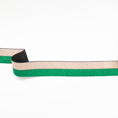 Italian Metallic Green and Gold Striped Elastic Ribbon - 1.625