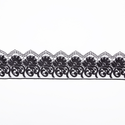 European Black Floral Embroidered Lace on Mesh - 3.875