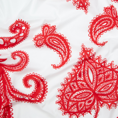 Milly Italian Red and White Large-Scale Paisley Stretch Cotton Poplin | Mood Fabrics