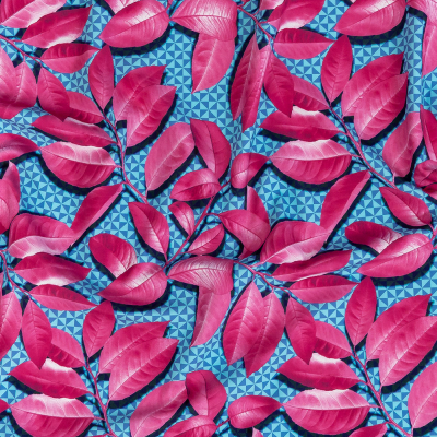 Pink Leaves and Blue Geo Caye UV Protective Compression Swimwear Tricot with Aloe Vera Microcapsules | Mood Fabrics