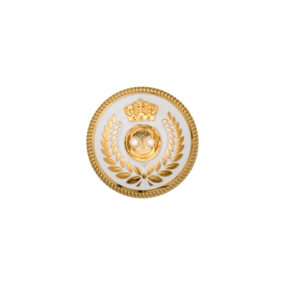 Italian Gold and White 2-Hole Crest Button - 24L/15mm | Mood Fabrics