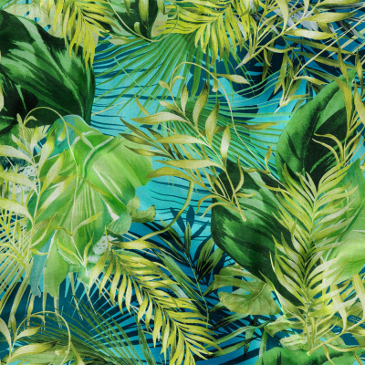 Mood Exclusive Italian Green and Blue Ferns and Foliage Digitally Printed Silk Chiffon | Mood Fabrics