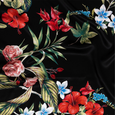 Mood Exclusive Italian Black, Red and Blue Floral Border Digitally Printed Silk Charmeuse | Mood Fabrics