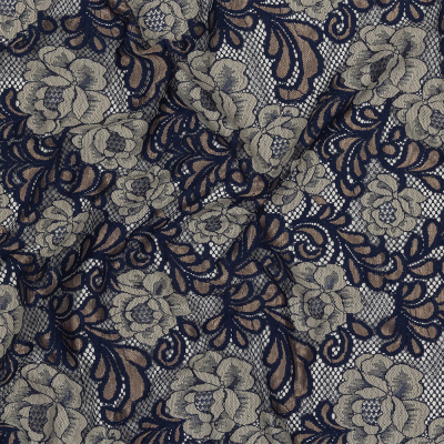 Metallic Gold, Navy and Silver Birch Floral Allover Lace | Mood Fabrics