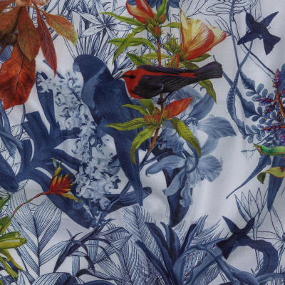 Toulouse Patriot Blue and Cool Gray Tropical Birds Mercerized Organic Egyptian Cotton Voile | Mood Fabrics