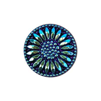 Vintage Blue Iris and Black Floral Shank Back Glass Button - 36L/23mm | Mood Fabrics