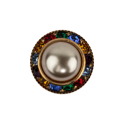 Vintage Swarovski Pearl, Multicolored Rhinestones and Gold Metal Shank Back Button - 34L/21.5mm | Mood Fabrics