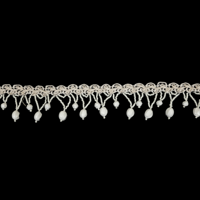 Vintage Chalk White Faceted Round and Chop Beaded Fringe on White Gimp Braid - 1.5