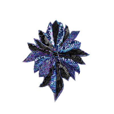 Vintage Iridescent Blue and Black Sequins and Beaded Floral Applique with Jet Rhinestone Core - 6.5
