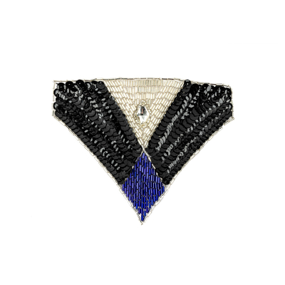 Vintage Black Sequins and Silver and Blue Beaded Applique with Diamond-shaped Crystal Center - 4.375