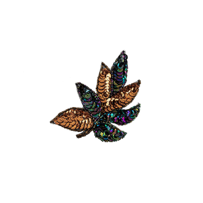 Vintage Bronze and Purple Iris Sequins and Beaded Leaf Applique - 4