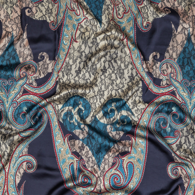 Blue Opal, Teal and Simply Taupe Paisley and Chantilly Lace Printed Polyester Lining | Mood Fabrics