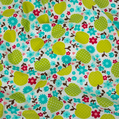 Green Glow Polka-Dotted Apples and Aqua Floral Printed Cotton Poplin | Mood Fabrics