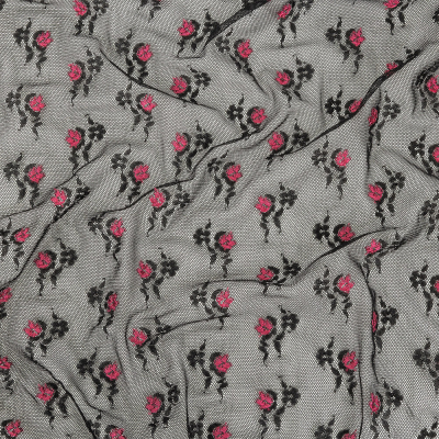 Black Stretch Mesh with Pink Embroidered Roses | Mood Fabrics