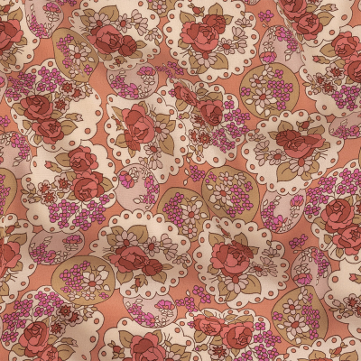 Italian Pink, Purple, and Cream Roses and Doilies Rayon Crepe | Mood Fabrics
