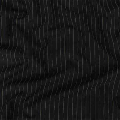 Liz Claiborne Jet Black and Beige Pinstriped Stretch Polyester Suiting | Mood Fabrics