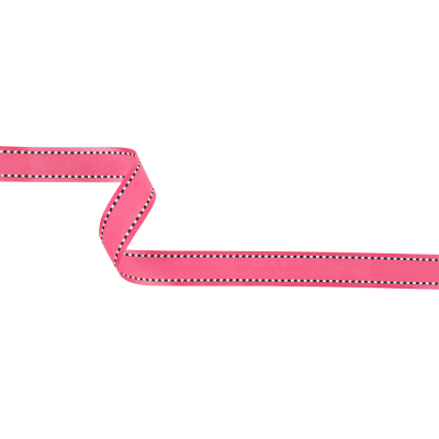 Hot Pink Woven Ribbon with Navy and White Stitched Border - 0.625