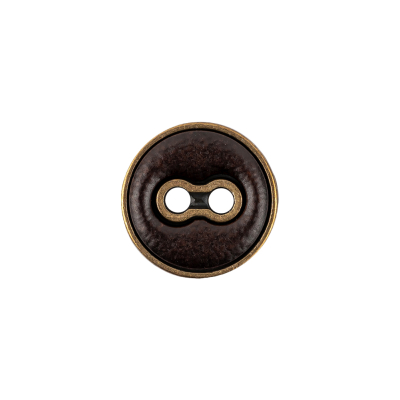 Italian Seal Brown and Brass Metal and Leatherette Button - 24L/15mm | Mood Fabrics