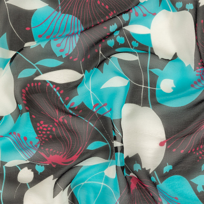 Turquoise, Black and Pink Tulips Silk Chiffon | Mood Fabrics