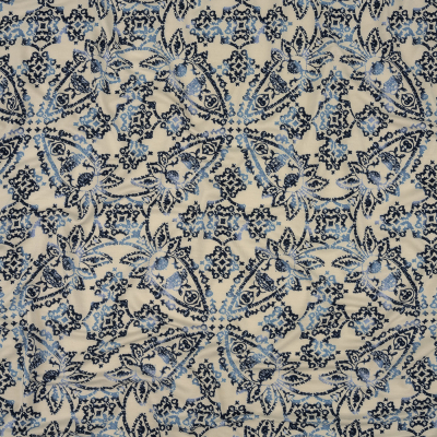 Insignia Blue and Star White Paisley Stretch Rayon Jersey | Mood Fabrics