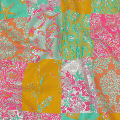 Aqua, Pink and Saffron Patchwork Metallic Luxury Brocade | Mood Fabrics