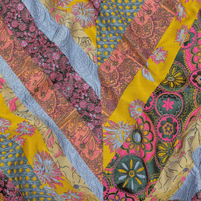 Metallic Pink, Yellow and Sky Patchwork Diagonal Stripes Luxury Brocade | Mood Fabrics