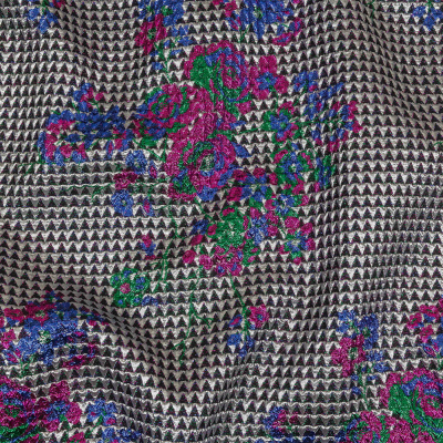 Metallic Silver, Pink and Blue Floral Triangles Quilted Look Luxury Brocade | Mood Fabrics