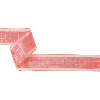 Bubblegum Pink Windowpane Checks and Sheer Borders Woven Ribbon - 1.5