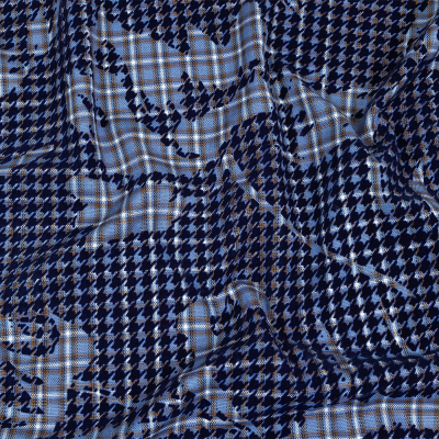 Navy, Powder Blue and White Negative Space Florals in Flocked Houndstooth on Plaid Rustic Cotton and Polyester Woven | Mood Fabrics