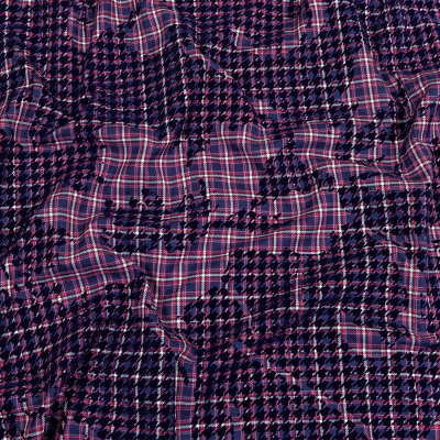 Navy, Red and Estate Blue Negative Space Florals in Flocked Houndstooth on Plaid Rustic Cotton and Polyester Woven | Mood Fabrics