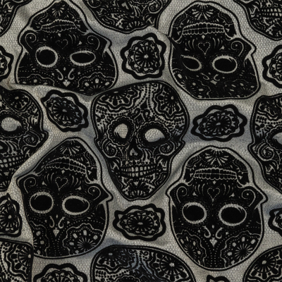 Black Flocked Decorated Skulls on Silver Sconce Diamonds Cotton and Polyester Dobby | Mood Fabrics