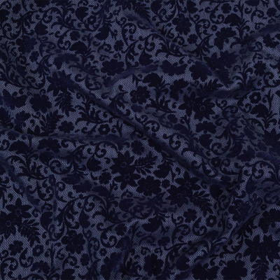 Navy Flocked Classical Florals on Diamond Cotton and Polyester Dobby | Mood Fabrics