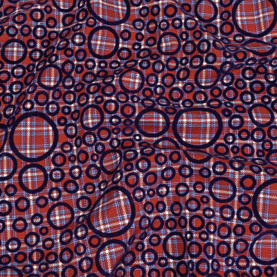 Red, White and Navy Flocked Circles on Plaid Rustic Cotton and Polyester Woven | Mood Fabrics