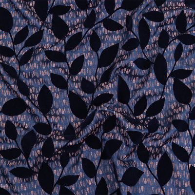 Navy Flocked Leafy Vines on Lilac, Orange and Blue Striped Teardrops Cotton and Polyester Jacquard | Mood Fabrics