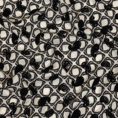 Black and White Flocked Paisley on Twisted Squares Printed Viscose Woven | Mood Fabrics