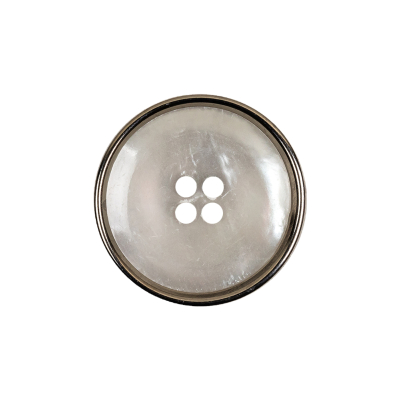 Italian Iridescent White 4 Hole Button with Silver Metal Rim - 36L/23mm | Mood Fabrics