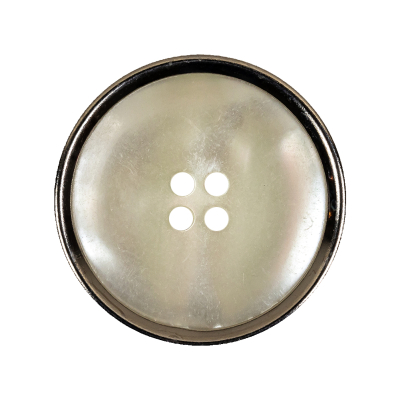 Italian Iridescent White 4 Hole Button with Silver Metal Rim - 44L/28mm | Mood Fabrics