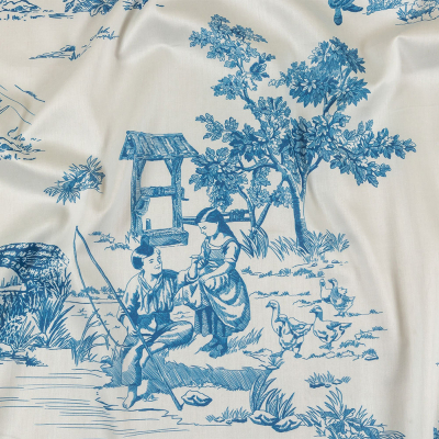 Cobalt and White Classic Toile de Jouy Mercerized Organic Egyptian Cotton Shirting | Mood Fabrics