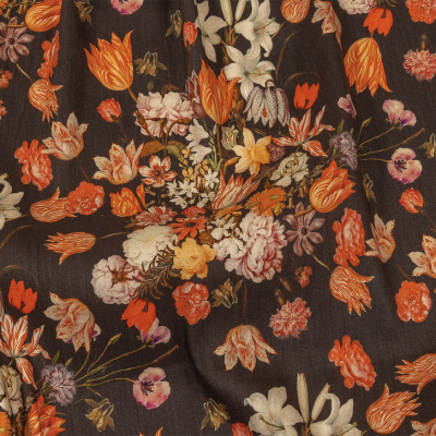Red, Orange and Dark Brown Bouquets Stretch Linen and Rayon Woven | Mood Fabrics