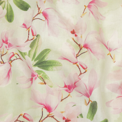 Pink and Green Magnolia Blooms Medium Weight Linen Woven | Mood Fabrics