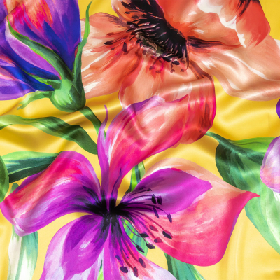 Mood Exclusive Italian Purple, Strawberry Pink and Yellow Lilies Silk Charmeuse | Mood Fabrics