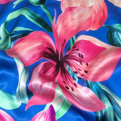 Mood Exclusive Italian Pink, Cascade and Blue Lilies Silk Charmeuse | Mood Fabrics