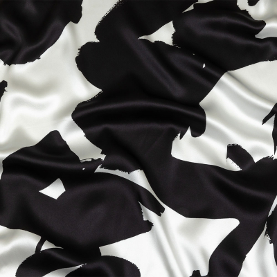 Mood Exclusive Italian White and Black Brushstrokes Silk Charmeuse | Mood Fabrics