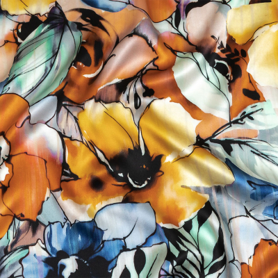 Mood Exclusive Italian Blue Gray, Harvest Pumpkin and Yellow Outlined Florals Silk Charmeuse | Mood Fabrics